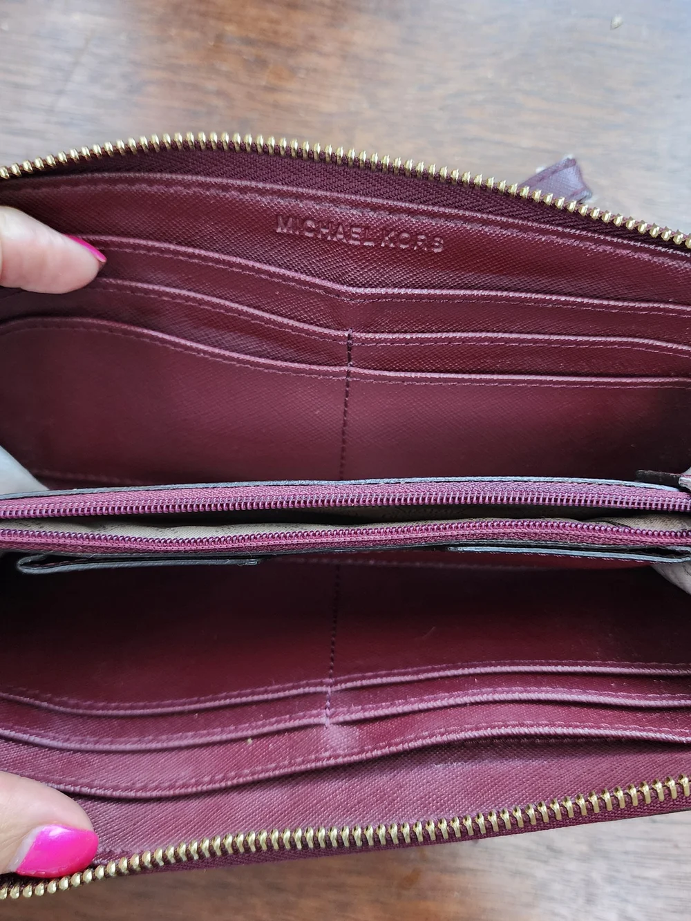 Michael Kors Burgundy Saffiano Leather Zip Around Wristlet Wallet